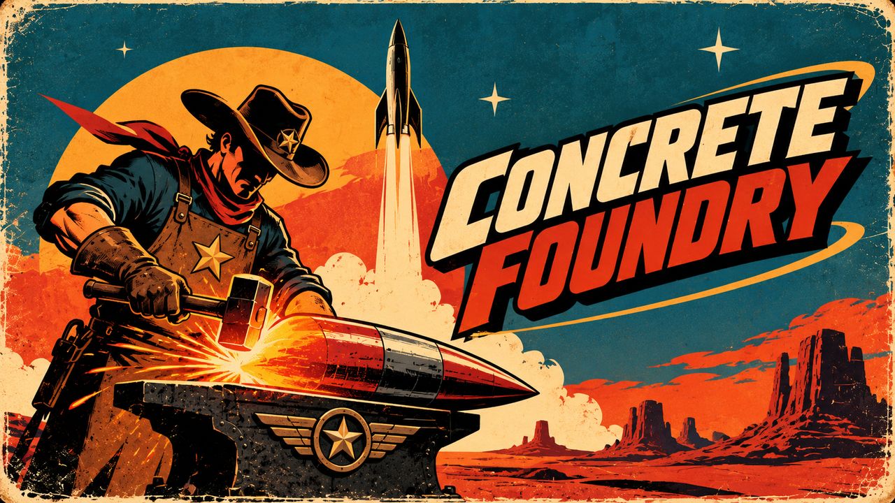 Poster art: a blacksmith in a cowboy hat hammering a rocket on an anvil.