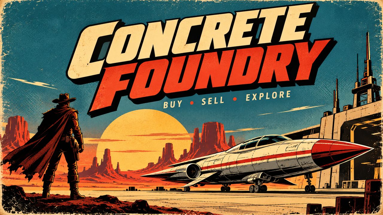 Poster art: a cloaked pilot watching a rocket ship at sunset.