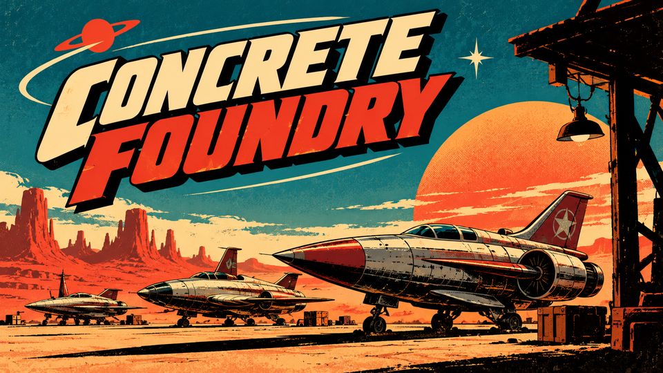Concrete Foundry poster: chrome rocket ships parked on a desert landing pad under a teal sky.